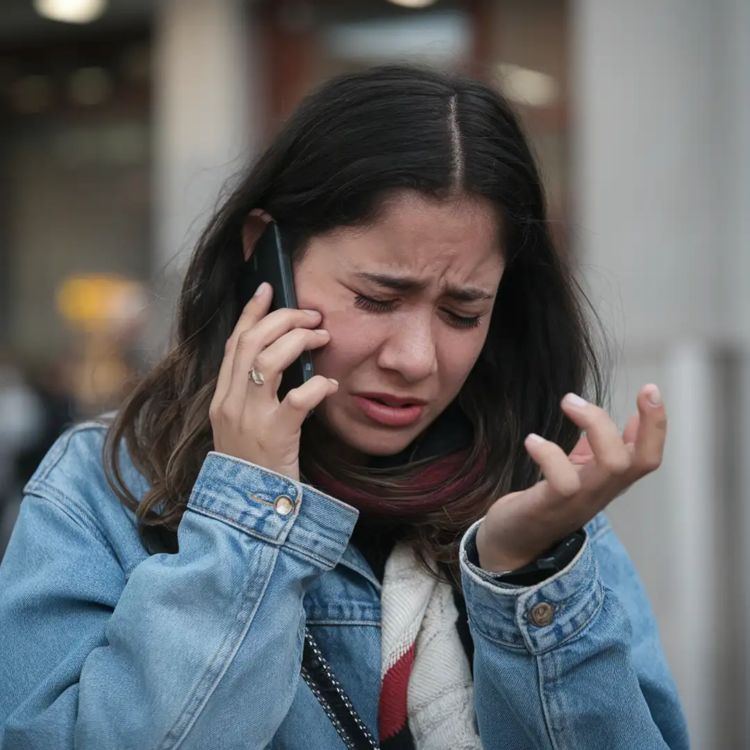 mujer victima de abuso laboral contactando abogados especialistas en acoso laboral